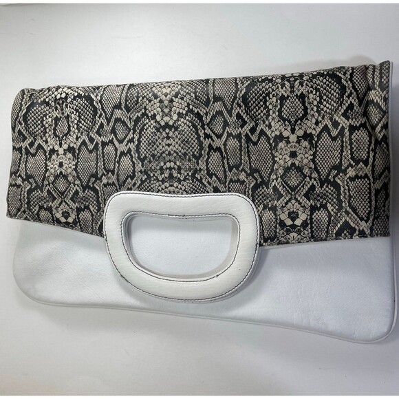 Michael Rome Designs Leather Hand Bag Women's White Snakeskin Print Large Clutch - Picture 3 of 16